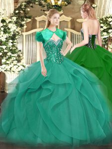 Unique Sleeveless Tulle Floor Length Lace Up Quinceanera Dresses in Turquoise with Beading and Ruffles