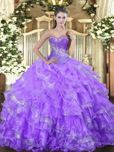 Sexy Beading and Ruffled Layers Vestidos de Quinceanera Lavender Lace Up Sleeveless Floor Length