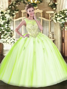 Yellow Green Ball Gowns Tulle Scoop Sleeveless Beading and Appliques Floor Length Zipper Quince Ball Gowns