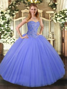 New Arrival Blue Ball Gowns Beading Quinceanera Dress Lace Up Tulle Sleeveless Floor Length