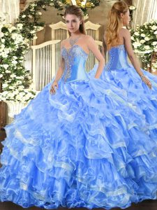 Spectacular Floor Length Lace Up Quinceanera Gowns Baby Blue for Military Ball and Sweet 16 and Quinceanera with Beading and Ruffled Layers