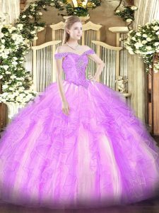 Ideal Sleeveless Tulle Floor Length Lace Up Quince Ball Gowns in Lilac with Beading and Ruffles