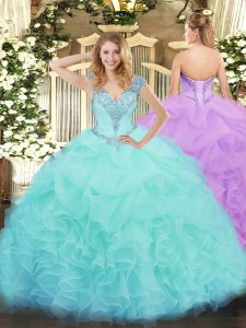 Aqua Blue V-neck Lace Up Ruffles Quinceanera Dress Sleeveless