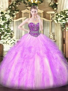 Flirting Lilac Sweetheart Lace Up Beading and Ruffles Quince Ball Gowns Sleeveless