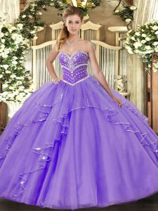 Floor Length Lavender Sweet 16 Dress Tulle Sleeveless Beading and Ruffles