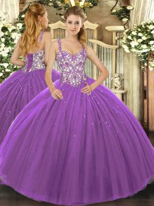 Purple Ball Gowns Beading and Appliques Sweet 16 Dress Lace Up Tulle Sleeveless Floor Length