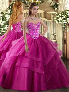 Custom Made Fuchsia Sleeveless Embroidery and Ruffled Layers Floor Length Quince Ball Gowns