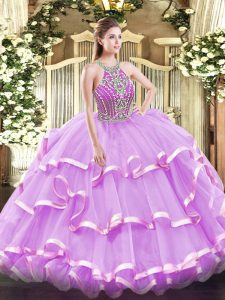 Lilac Ball Gowns Beading and Ruffled Layers Vestidos de Quinceanera Lace Up Tulle Sleeveless Floor Length