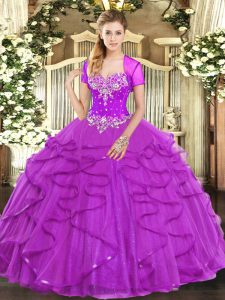 Low Price Beading and Ruffles 15th Birthday Dress Fuchsia Lace Up Sleeveless Floor Length