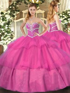 New Arrival Hot Pink Tulle Lace Up Vestidos de Quinceanera Sleeveless Floor Length Beading and Ruffled Layers