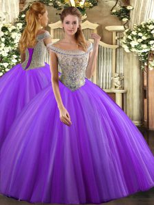 Tulle Off The Shoulder Sleeveless Lace Up Beading 15th Birthday Dress in Lavender