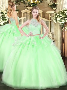 Extravagant Floor Length Two Pieces Sleeveless Apple Green Ball Gown Prom Dress Zipper