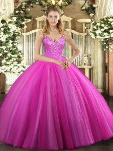 Fuchsia Tulle Lace Up V-neck Sleeveless Floor Length Quinceanera Dress Beading