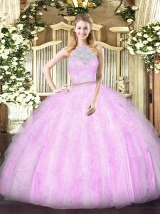 Lilac Sleeveless Lace and Ruffles Floor Length Quinceanera Gowns