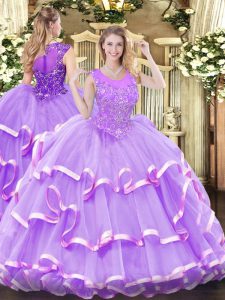 Popular Lavender Quince Ball Gowns Military Ball and Sweet 16 and Quinceanera with Beading and Ruffled Layers Scoop Sleeveless Zipper