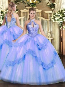 Halter Top Sleeveless Tulle Ball Gown Prom Dress Appliques and Sequins Lace Up