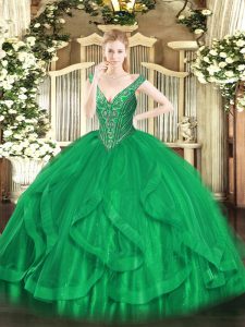 Trendy V-neck Sleeveless Sweet 16 Quinceanera Dress Floor Length Beading and Ruffles Green Tulle