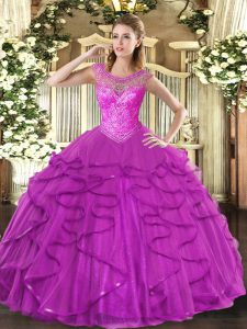 Fuchsia Tulle Lace Up Sweetheart Sleeveless Floor Length Sweet 16 Dress Beading and Ruffles