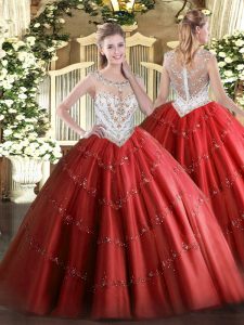 Extravagant Red Sleeveless Floor Length Beading and Appliques Zipper 15 Quinceanera Dress