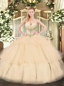 Champagne Ball Gowns Sweetheart Sleeveless Tulle Floor Length Lace Up Beading and Ruffled Layers Quince Ball Gowns