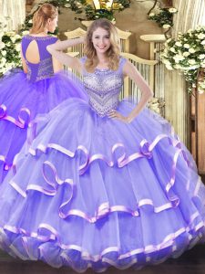 Lavender Organza Lace Up Scoop Sleeveless Floor Length Quinceanera Gown Beading and Ruffled Layers