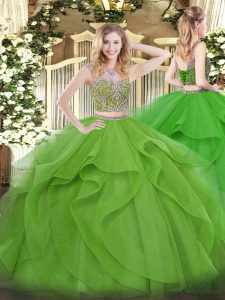 Flare Tulle Sleeveless Floor Length Sweet 16 Quinceanera Dress and Beading and Ruffles