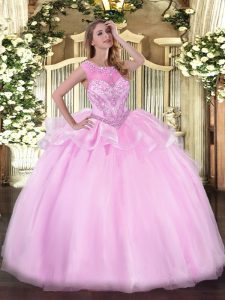 Scoop Sleeveless Sweet 16 Quinceanera Dress Floor Length Beading Pink Organza