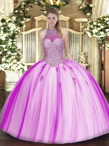 High Quality Tulle Sleeveless Floor Length Quinceanera Gown and Beading and Appliques