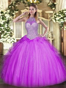 Beading and Ruffles Vestidos de Quinceanera Lilac Lace Up Sleeveless Floor Length