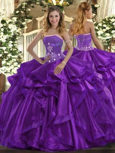 Sleeveless Organza Floor Length Lace Up Quinceanera Gown in Purple with Beading and Ruffles