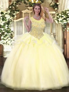 Low Price Light Yellow Zipper 15th Birthday Dress Beading Sleeveless Floor Length