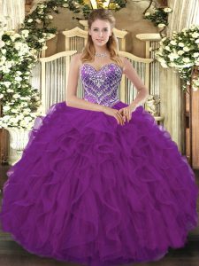 Fuchsia Lace Up 15 Quinceanera Dress Beading and Ruffled Layers Sleeveless Floor Length