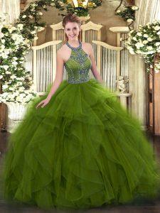 Olive Green Lace Up Quinceanera Gowns Beading and Ruffles Sleeveless Floor Length