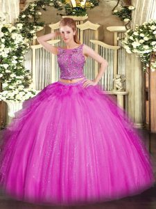 Exceptional Fuchsia Lace Up Quinceanera Gowns Beading and Ruffles Sleeveless Floor Length