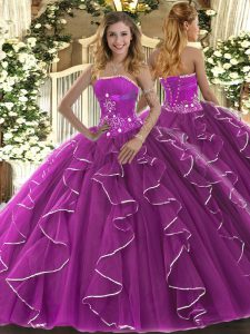 Clearance Strapless Sleeveless Lace Up Quinceanera Dresses Fuchsia Tulle