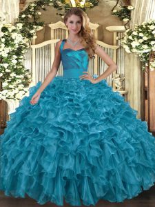 Teal Organza Lace Up Halter Top Sleeveless Floor Length Quinceanera Dresses Ruffles