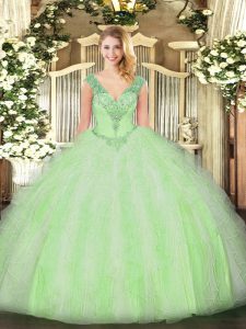 Customized Beading and Ruffles Quinceanera Gown Yellow Green Lace Up Sleeveless Floor Length