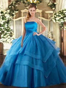 Pretty Baby Blue Sweet 16 Dress Military Ball and Sweet 16 and Quinceanera with Ruffled Layers Strapless Sleeveless Lace Up