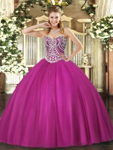 Fuchsia Ball Gowns Sweetheart Sleeveless Tulle Floor Length Lace Up Beading Quinceanera Dresses