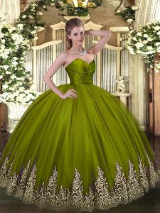 Sweetheart Sleeveless Quinceanera Gowns Floor Length Appliques Olive Green Tulle