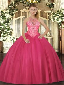 Ideal Hot Pink High-neck Neckline Beading Quinceanera Gown Sleeveless Lace Up