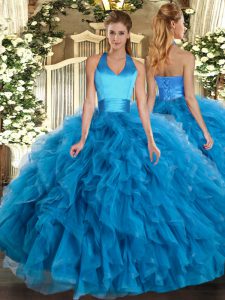 Captivating Sleeveless Organza Floor Length Lace Up Quinceanera Dress in Baby Blue with Ruffles