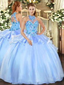 Baby Blue Halter Top Lace Up Embroidery Sweet 16 Dresses Sleeveless