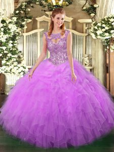 Simple Lilac Scoop Neckline Beading and Ruffles Quinceanera Dress Sleeveless Lace Up