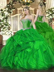 Elegant Sleeveless Organza Floor Length Lace Up 15th Birthday Dress in Green with Beading and Ruffles