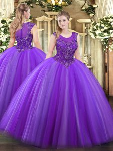 Decent Sleeveless Tulle Floor Length Zipper Vestidos de Quinceanera in Eggplant Purple with Beading