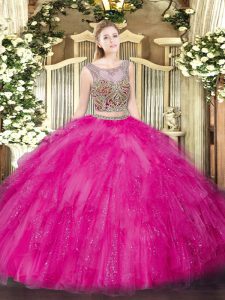 Beading and Ruffles Quince Ball Gowns Hot Pink Lace Up Sleeveless Floor Length