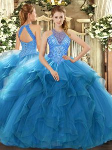 Affordable Sleeveless Lace Up Floor Length Beading and Ruffles Sweet 16 Dress