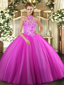 Tulle Halter Top Sleeveless Lace Up Embroidery Sweet 16 Dress in Fuchsia