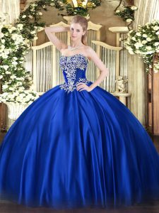 Exquisite Strapless Sleeveless 15th Birthday Dress Floor Length Beading Royal Blue Satin